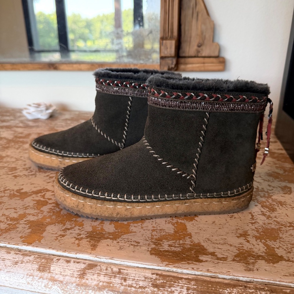 Laidback London Nyali Ankle Boots‎ Dark Gray Suede Beaded EUR 37 Fur Lined Sz 6